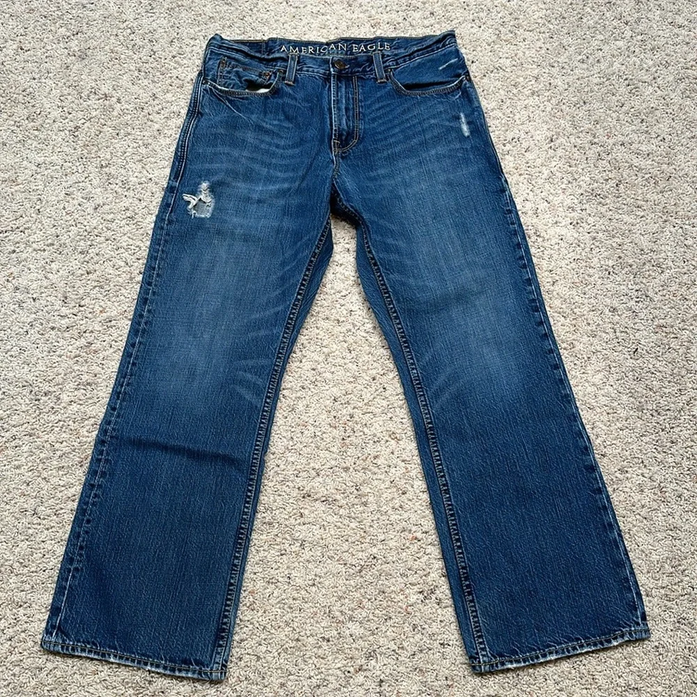 Good used condition American eagle factory distressed bootcut jeans. - Picture 2 of 11